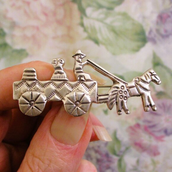 ALFRED MARTINEZ Navajo Sterling Farm Wagon Driver Horse Brooch ~ VINTAGE 925 Pin - Picture 1 of 14